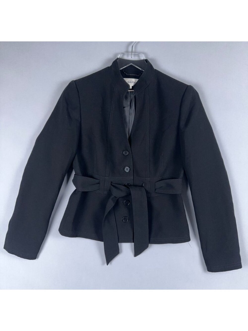 Calvin Klein Blazer Jacket Womens Size 4 Black Belted Button-Front Office Wear - Picture 2 of 12